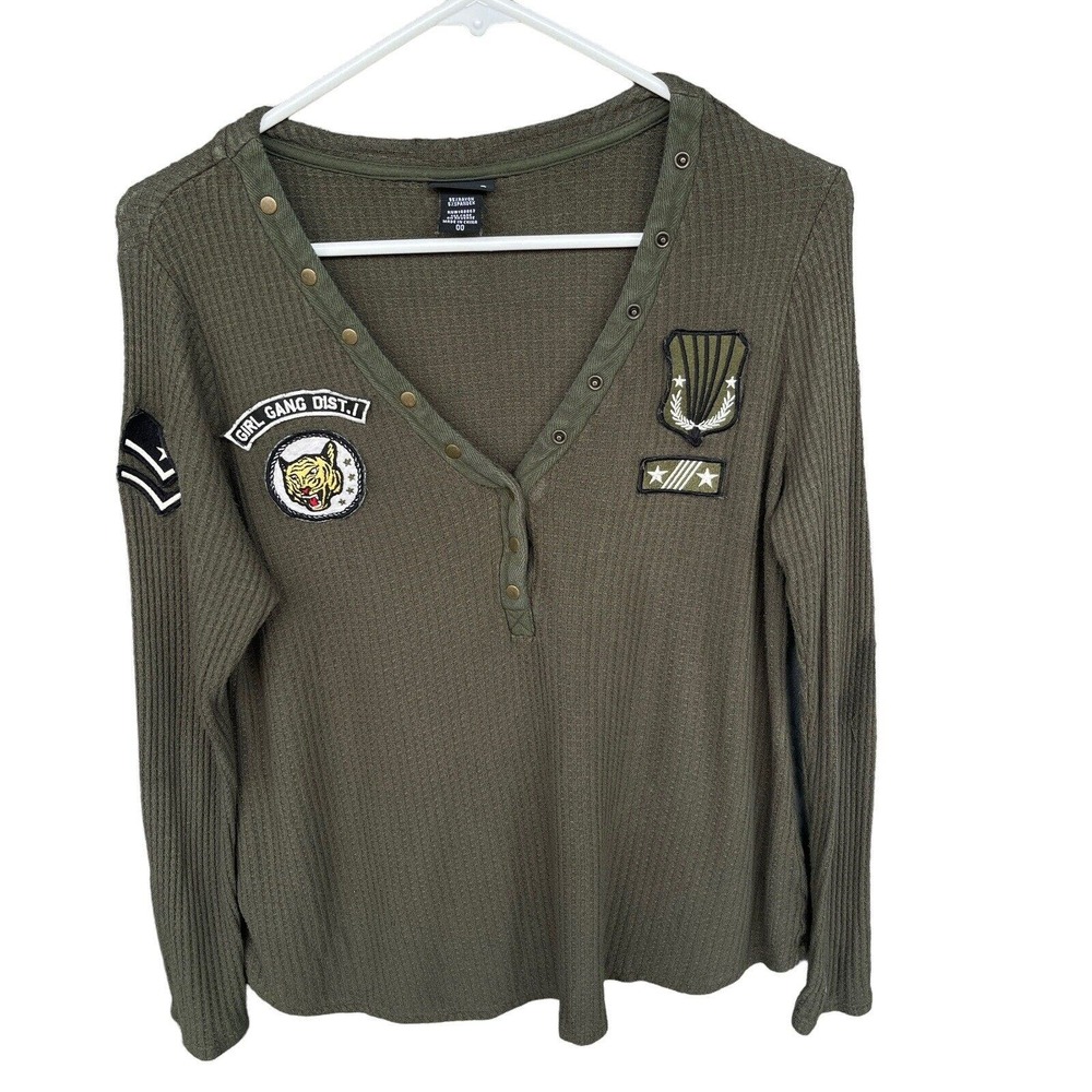 Torrid Top Womens Medium (00) Green Military Waffle Knit Patch V-neck Girl‎ Gang